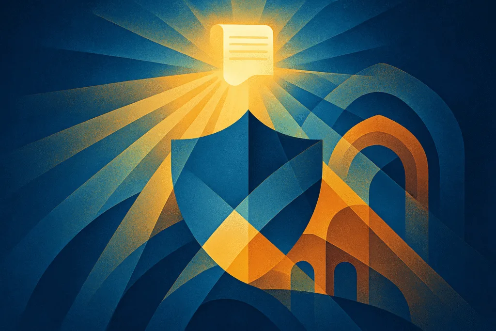 Abstract illustration showing rays of light and layered arches symbolizing ACLU’s mission and protection, in gold and blue, digital painting.