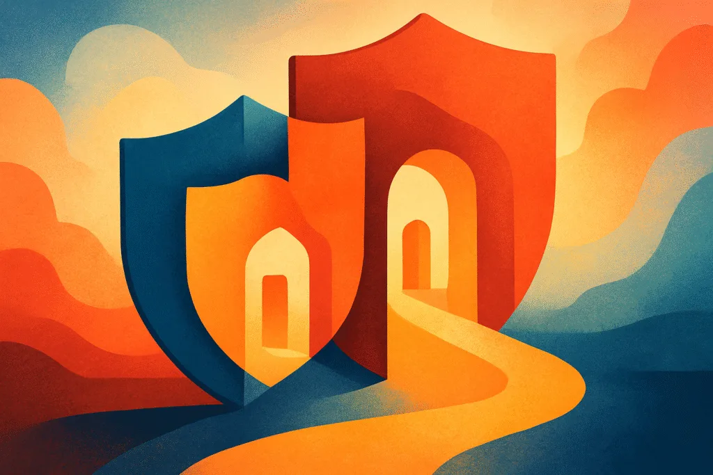 Civil rights support hero illustration, abstract shield shapes and open doors with warm red, gold, and blue gradients, digital editorial art