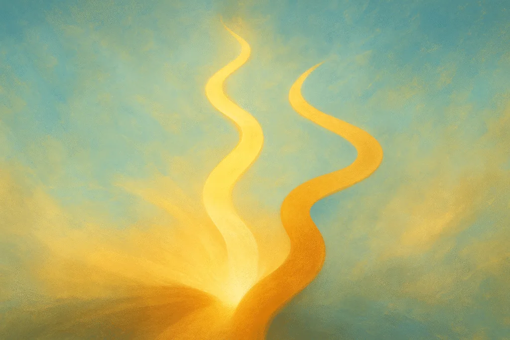 Beginner’s guide ACLU illustration, three abstract glowing golden paths diverging from a central point on a soft blue and gold background, digital editorial art