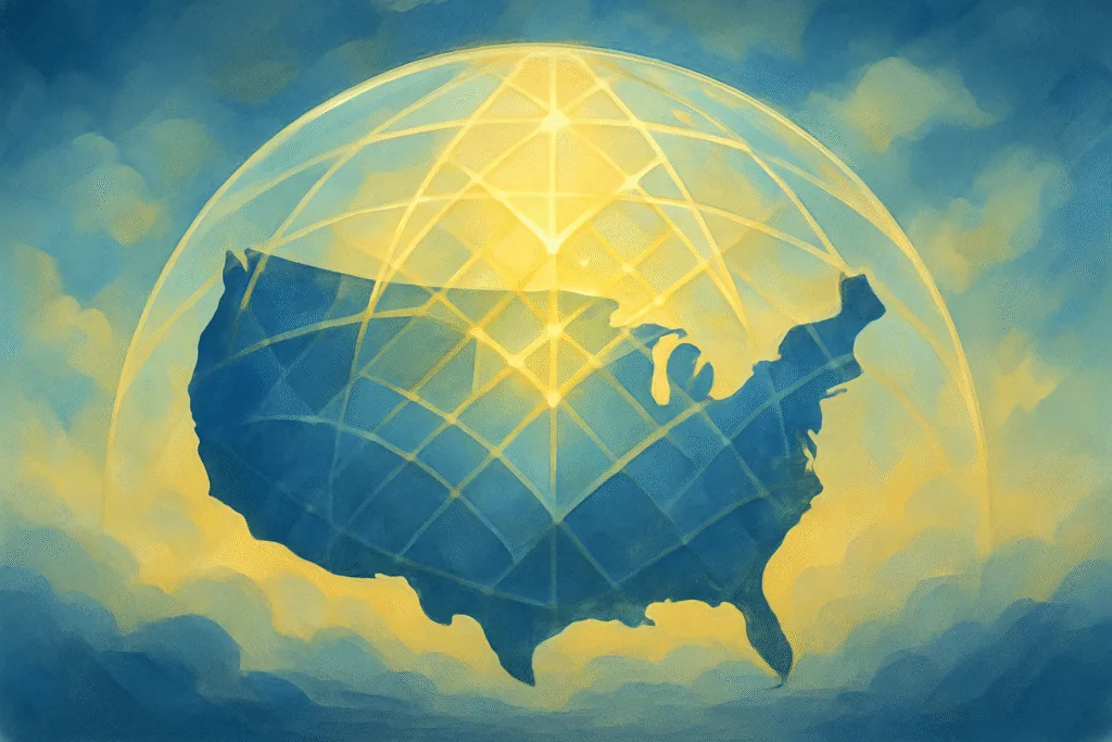 Civil liberties editorial illustration for ACLU help, abstract protective dome of light over United States map, blue and gold painterly style.