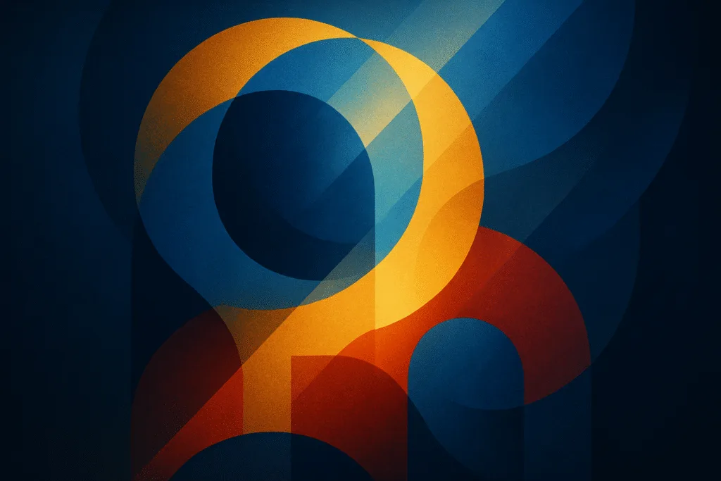 Abstract civil rights illustration with interwoven blue, gold, and red shapes, light and shadow evoking protection and unity.