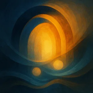 Abstract fine-art digital illustration symbolizing ACLU advocacy: luminous blue and gold arches with radiant light and flowing forms.