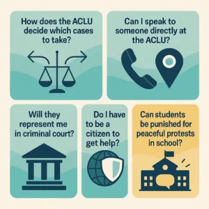 ACLU FAQ infographic showing abstract icons and panels for legal case selection, contact, eligibility, court focus, and student protest rights.