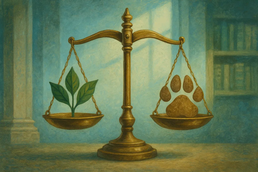 Legal advocacy for animals illustration, scales of justice with leaves and abstract paw print, courtroom setting, painting-style AVIF.