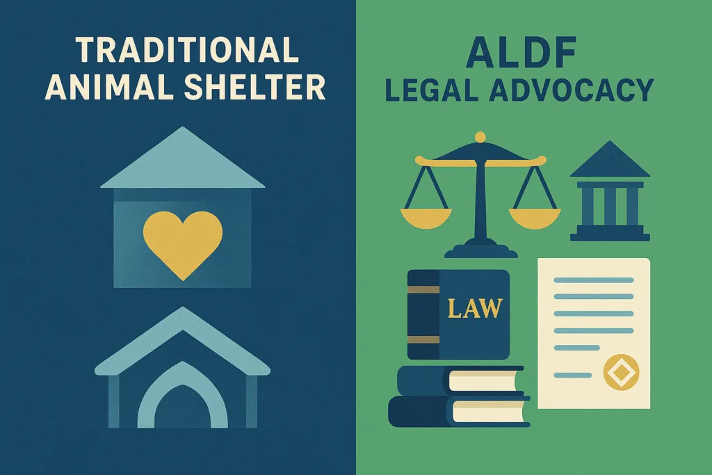 Comparison infographic showing traditional animal shelter icons versus ALDF legal advocacy symbols, deep blue and green, AVIF.