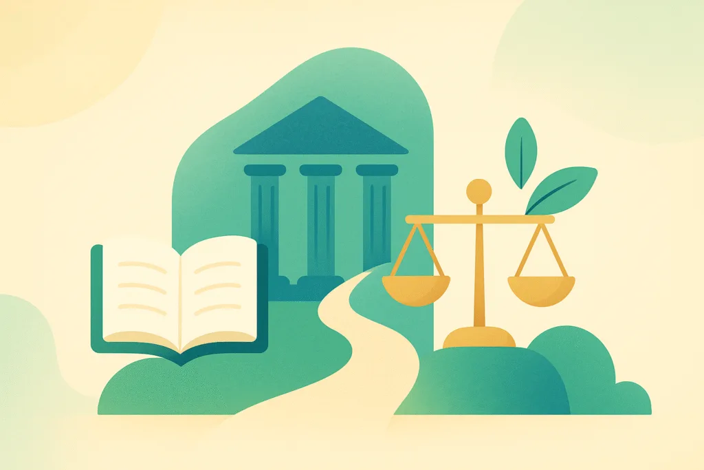 Beginner’s guide to animal law, open book, courthouse pillars, and justice scales with leaf on curved path, soft colors, AVIF.