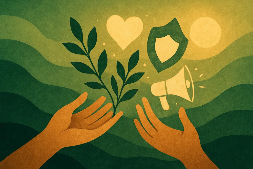 Animal advocacy hero illustration, hands releasing leafy branches and glowing symbols, cut-paper style, green and gold tones.