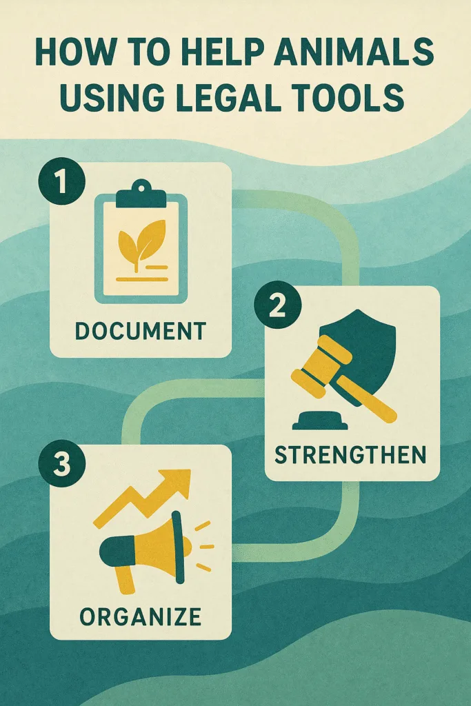 Animal advocacy infographic showing three steps—document, strengthen, organize—using legal tools with abstract icons.