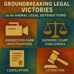 Infographic showing four types of Animal Legal Defense Fund victories—investigations, Supreme Court, legislation, litigation—illustrated with icons, oil-paint style.