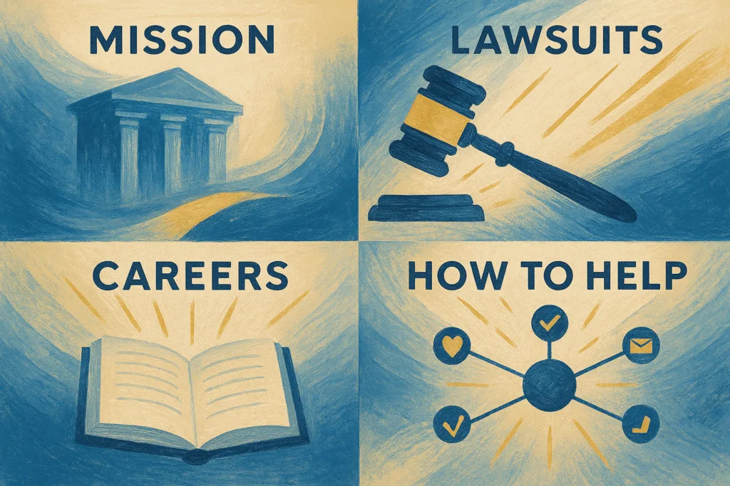 Animal Legal Defense Fund infographic showing mission, lawsuits, careers, and ways to help; painterly editorial AVIF.