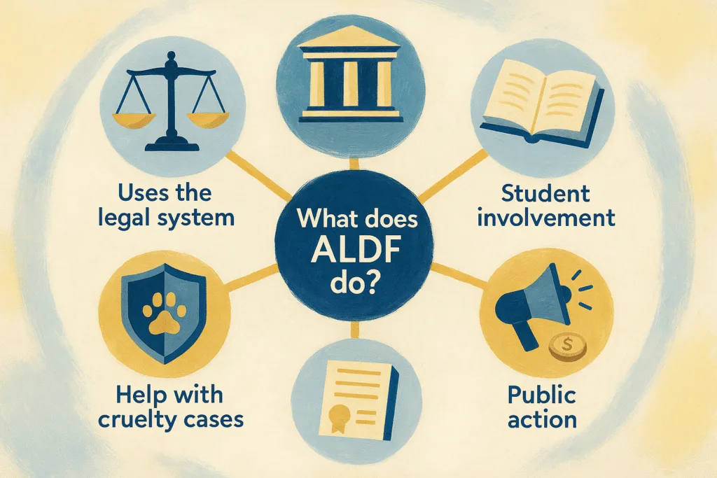 Animal Legal Defense Fund FAQ infographic with branching icons for legal system, advocacy, students, public action, cruelty help.