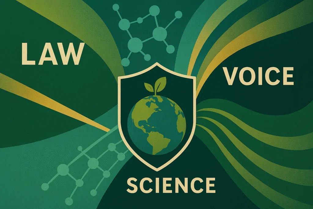 NRDC infographic showing law, science, and voice as abstract streams converging on shielded earth; green, gold, and blue palette.