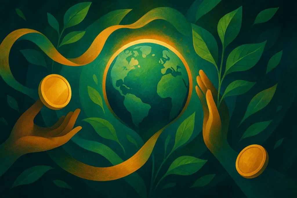 Support NRDC, beautiful artful illustration of glowing earth, golden coins, flowing ribbons, leaves, dramatic light and shadow.