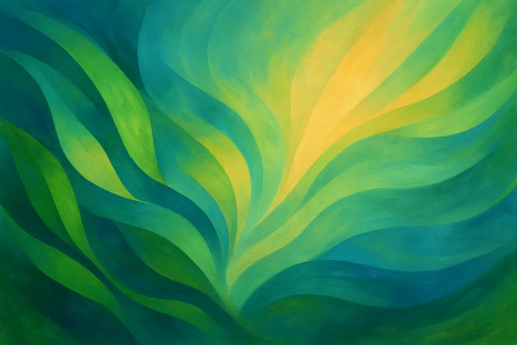 Abstract hero image for NRDC beginner’s guide, flowing ribbons of green, blue, and gold evoking growth and unity, luminous digital painting.