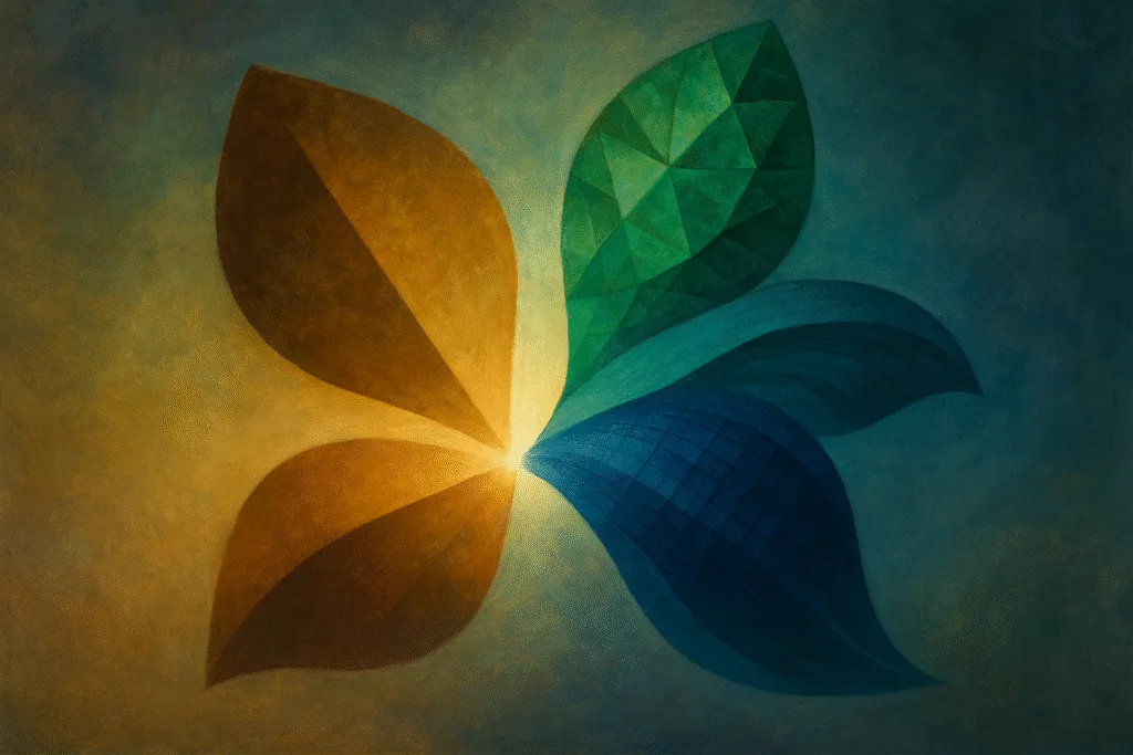 Advocacy strategies artwork, abstract illustration with four luminous, interlocking forms for legal, science, policy, and engagement.