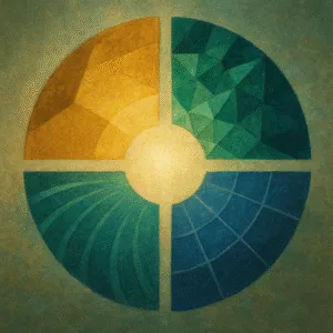 Environmental change framework infographic, four connected abstract segments for legal, science, policy, and engagement, radiating from luminous center.