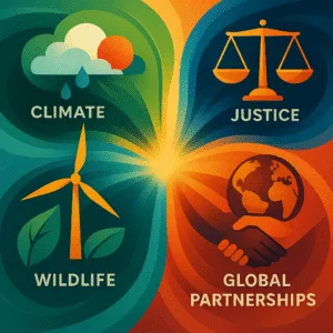 Environmental programs infographic showing five pillars—climate, energy, wildlife, justice, partnerships—circular design, editorial illustration.