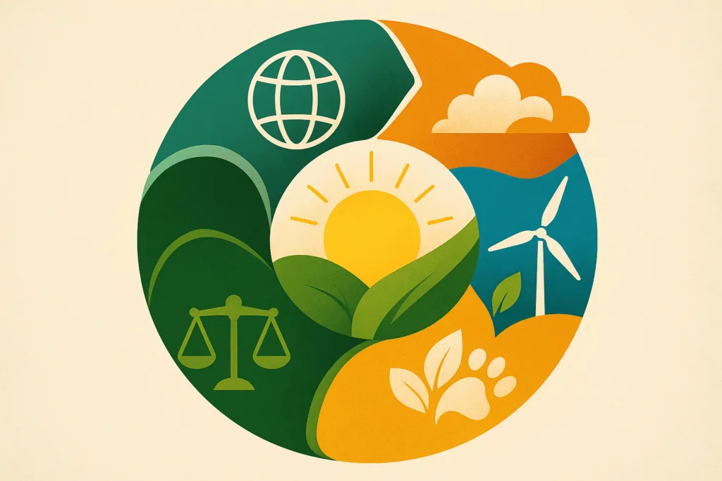 Editorial illustration showing five abstract segments for NRDC programs: climate change, clean energy, wildlife, justice, international collaboration.