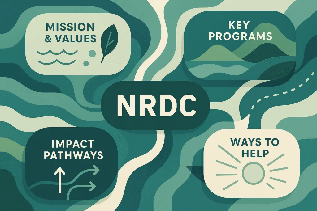 NRDC guide abstract infographic showing four key zones: mission, programs, impact pathways, and ways to support, in green-blue organic map style, digital illustration.