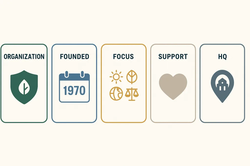 Minimalist NRDC FAQ infographic with five rounded cards: organization, founding, focus, support, headquarters—each with an abstract icon, digital illustration.