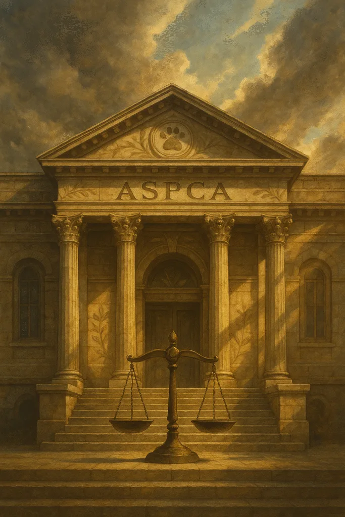 ASPCA legacy symbolized by courthouse facade with legal scale, dramatic sunlight, and animal protection motifs, editorial illustration.