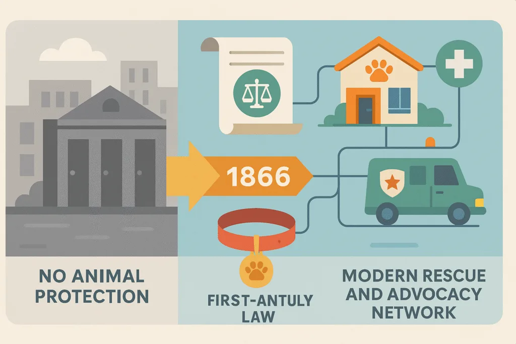 Infographic timeline: ASPCA’s journey from no animal protection, to 1866 anti-cruelty law, to modern rescue and advocacy network, flat illustration.