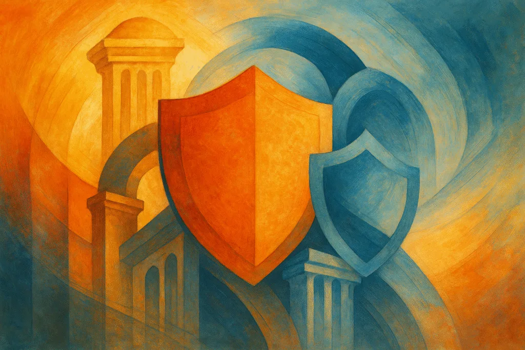 Animal protection law reform conceptual illustration, abstract shields and columns, digital painting