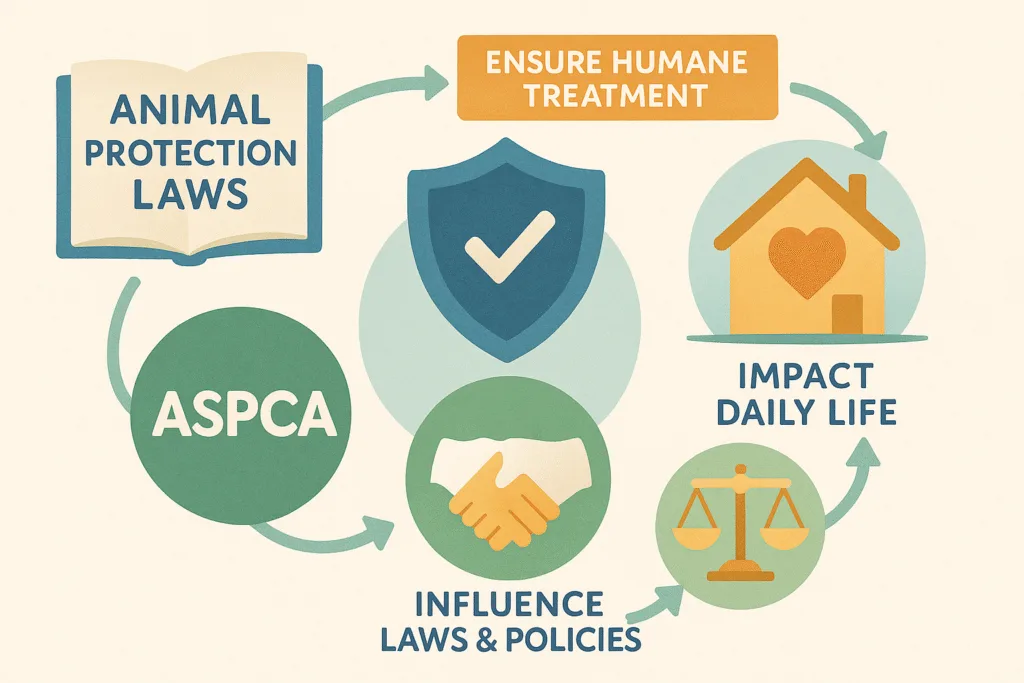 Beginner-friendly ASPCA animal protection laws infographic with icons for legal protection, humane treatment, daily life impact, and policy influence