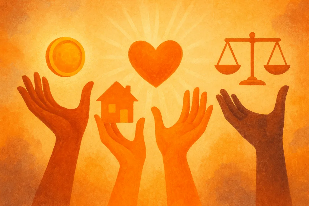 Ways to support ASPCA, illustrated by four hands holding a coin, house, heart, and scale in warm, uplifting orange tones, conceptual illustration.