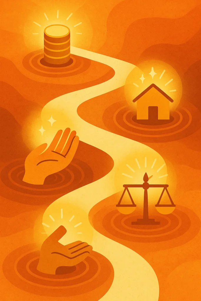 ASPCA support infographic showing four symbolic steps—donating, volunteering, adopting, advocating—along a glowing path, warm orange palette.
