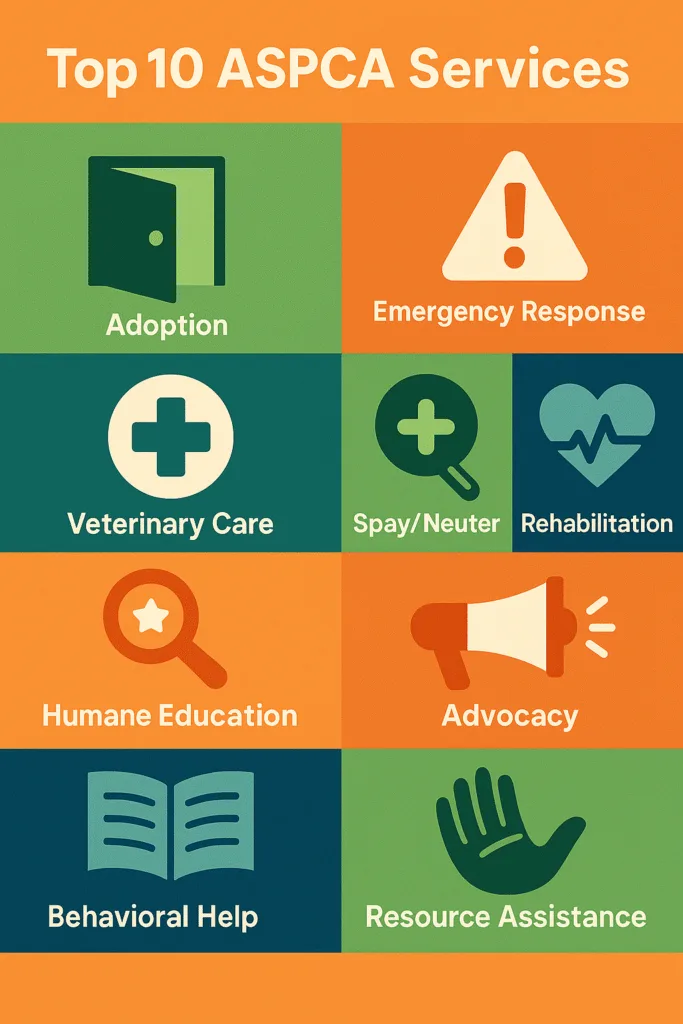 ASPCA services infographic showing icons for adoption, emergency response, veterinary care, support resources, and more, in bold colors.