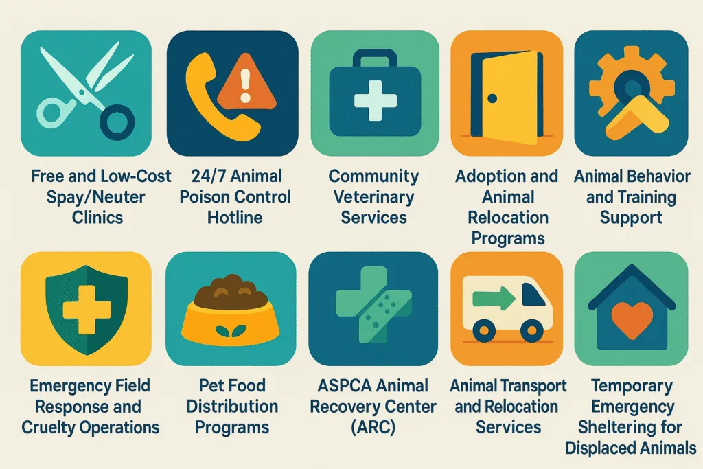 Infographic of 10 ASPCA services: spay/neuter, poison control hotline, vet care, adoption, training, emergency response, food aid, recovery, transport, and shelter.