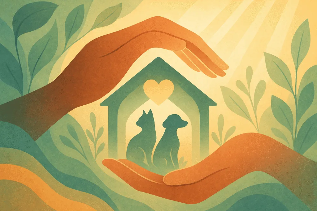 ASPCA animal welfare hero illustration, shelter-shaped hands and animal silhouettes, warm natural tones, digital illustration.