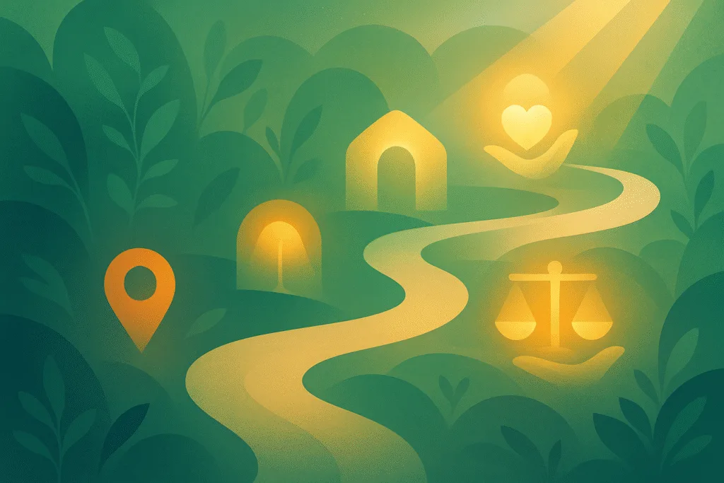 Abstract ASPCA journey illustration, glowing path and symbolic shapes for mission, shelter, justice, and compassion, in natural colors with light and shadow.