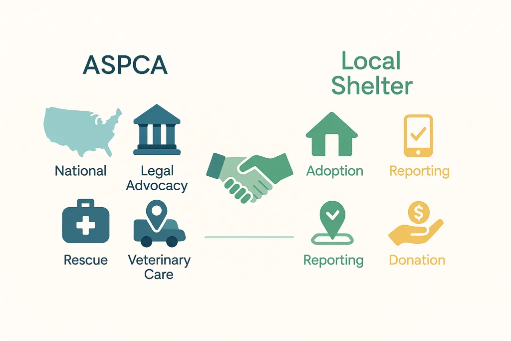 Clean, beautiful infographic comparing ASPCA national services—legal advocacy, rescue, veterinary care—with local shelter adoption, reporting, and donation, joined by partnership icon.