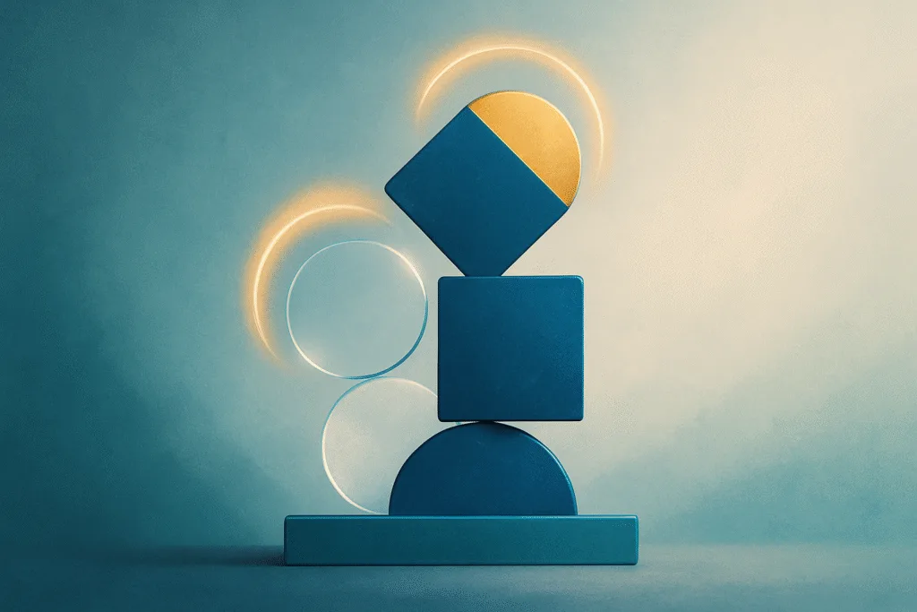 B Corp Certification hero, abstract balanced geometric shapes with gold halos, digital illustration