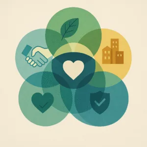 B Corp Certification infographic, interconnected circles with icon shapes for environment, workers, community, customers, governance, teal and green, digital illustration