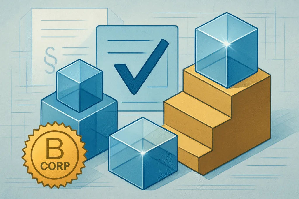 B Corp certification infographic showing legal compliance, accountability standards, and transparent structures in digital illustration.