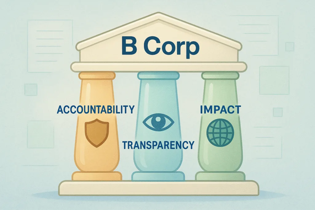B Corp legal requirements infographic with three labeled pillars—accountability, transparency, and impact—supporting a B Corp structure.
