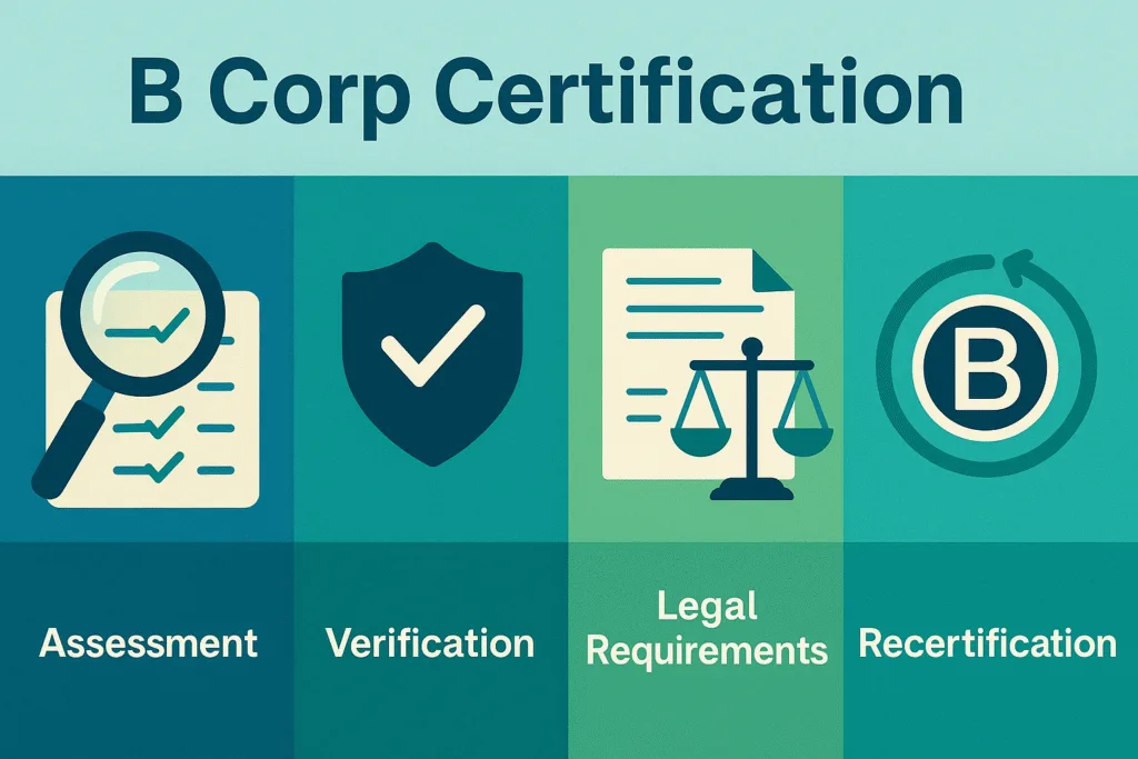 B Corp Certification infographic showing assessment, verification, legal requirements, and recertification process in blue-green vector style.