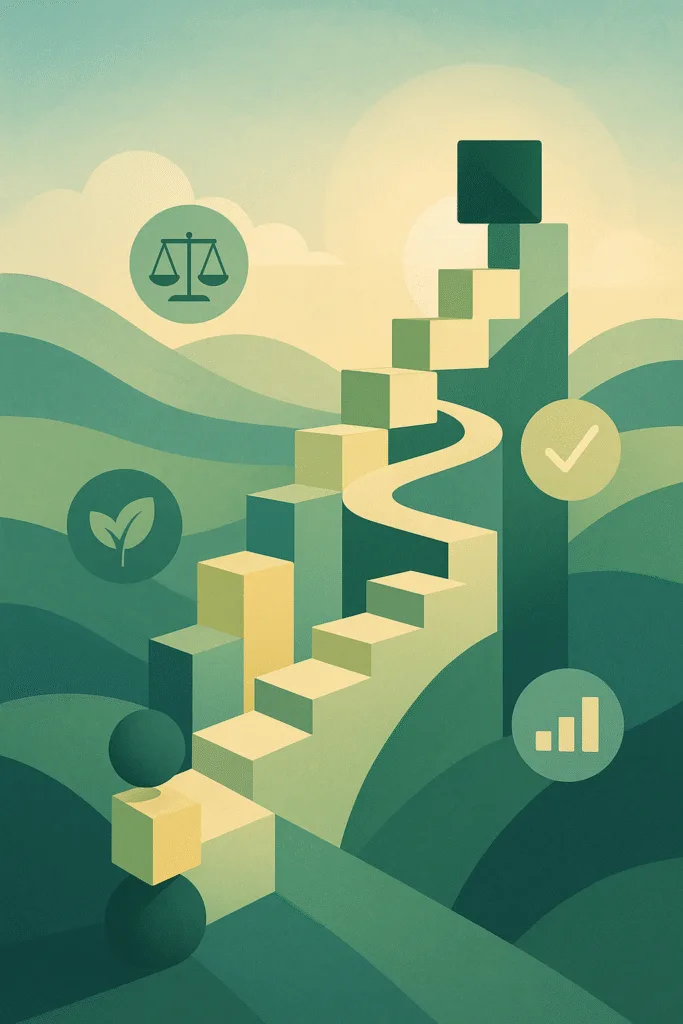 B Corp certification step-by-step journey illustration with ascending geometric path, abstract progress icons, and sunrise, digital art