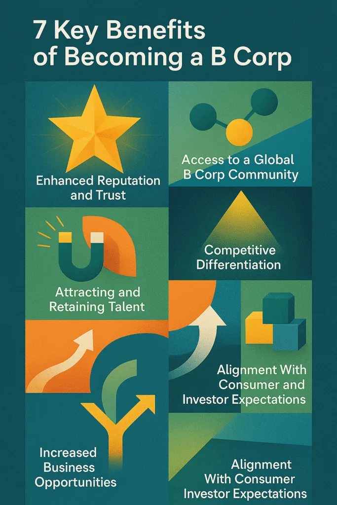 Infographic illustrating seven key B Corp Certification benefits with abstract icons and colorful geometric segments, digital art.