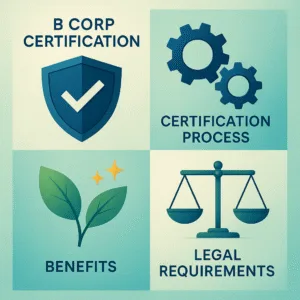 B Corp Certification essentials infographic showing shield, gears, leaf, and scales icons, digital illustration.