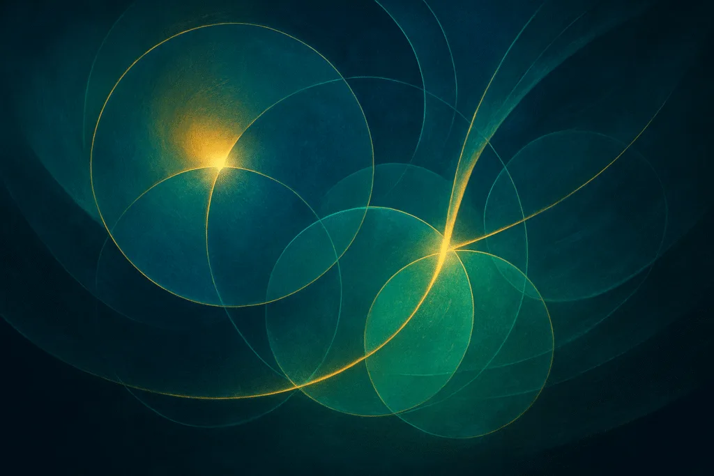 Charity evaluation abstract artwork with glowing blue and gold circles and flowing lines suggesting trust and impact, digital painting.