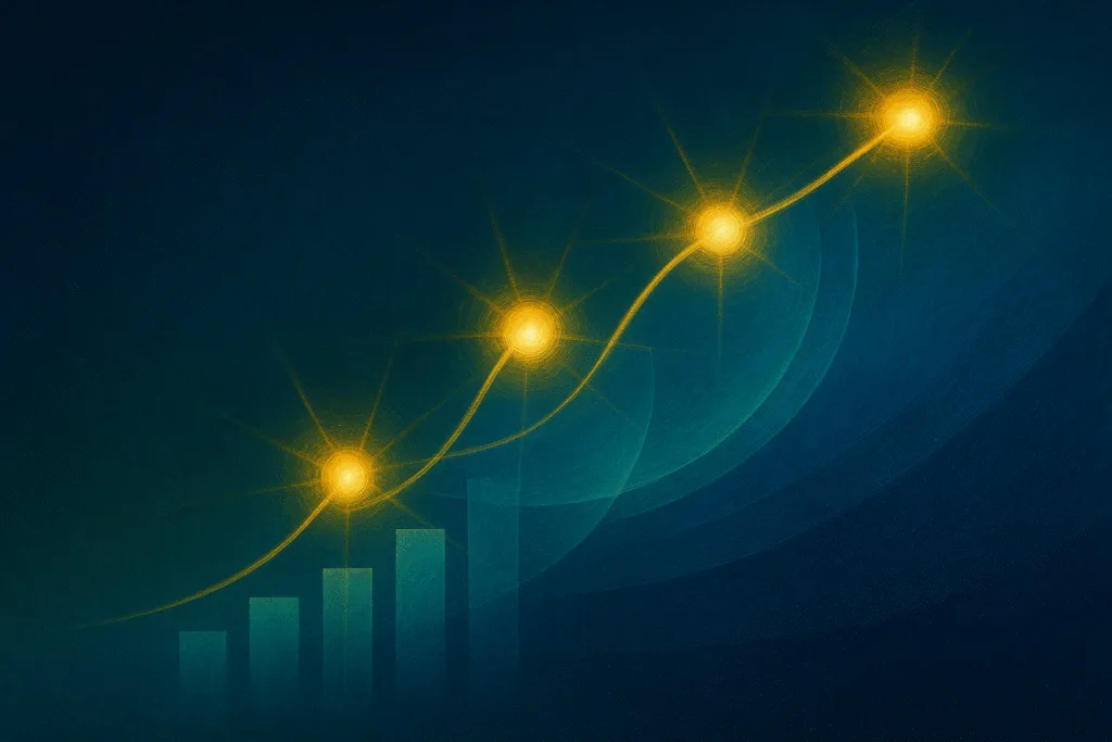 Charity evaluation data-inspired illustration with glowing golden nodes and an upward arc on a deep blue background, symbolizing confident nonprofit assessment.