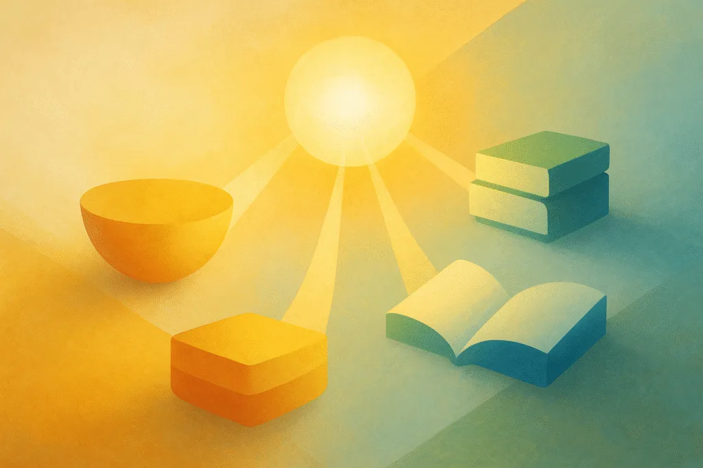 Charity Navigator donor tools illustration showing a golden bowl, stack, and open book connected by light beams to a central radiant sphere, digital painting.
