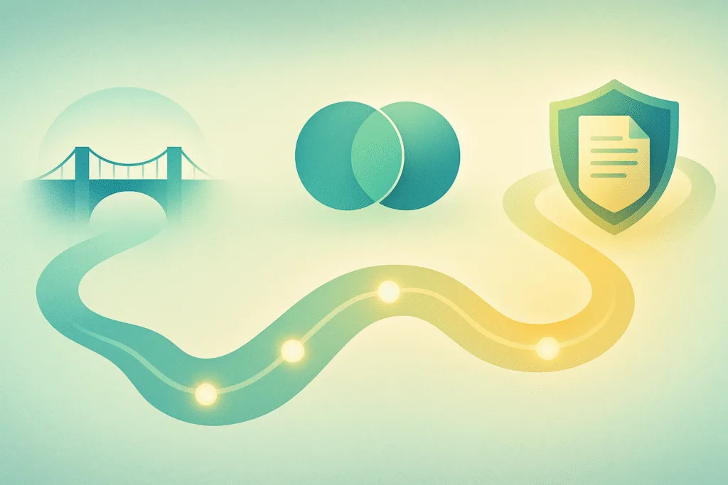 Step-by-step giving journey infographic showing bridge, interconnected circles, and secure document icons for Charity Navigator’s platforms.