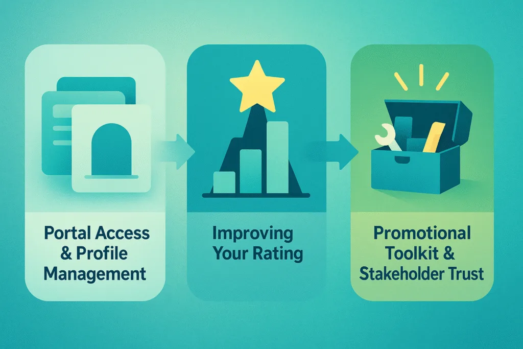 Charity Navigator nonprofit resources infographic with abstract icons for portal access, rating improvement, and promotional toolkit, digital illustration