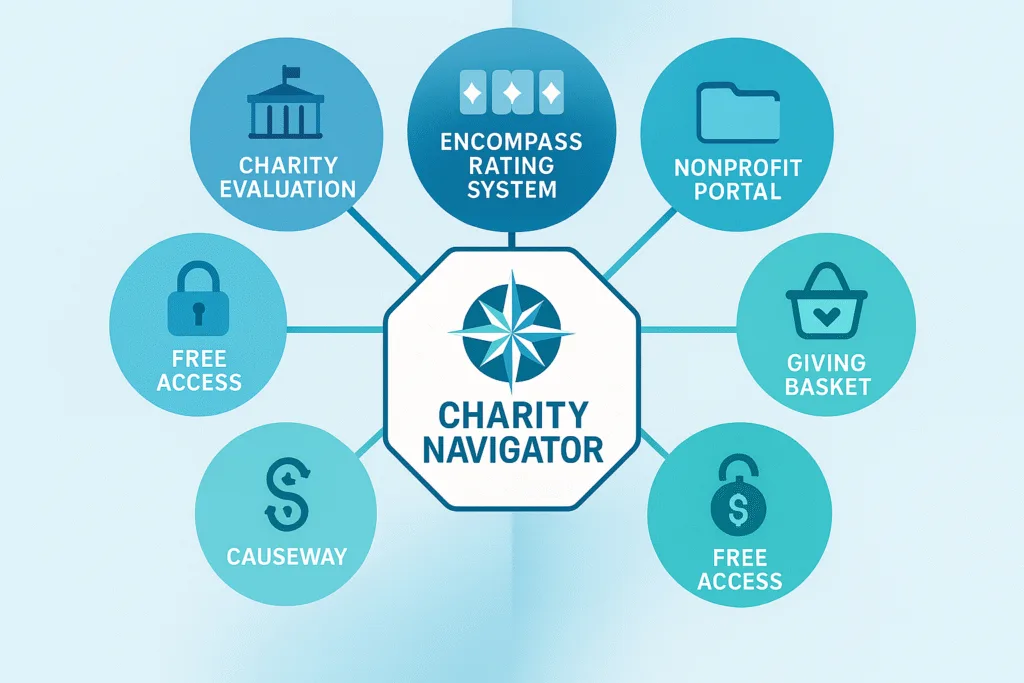 Charity Navigator FAQ infographic with central hub and six segments illustrating evaluation, rating system, nonprofit portal, Giving Basket, Causeway, and free access.