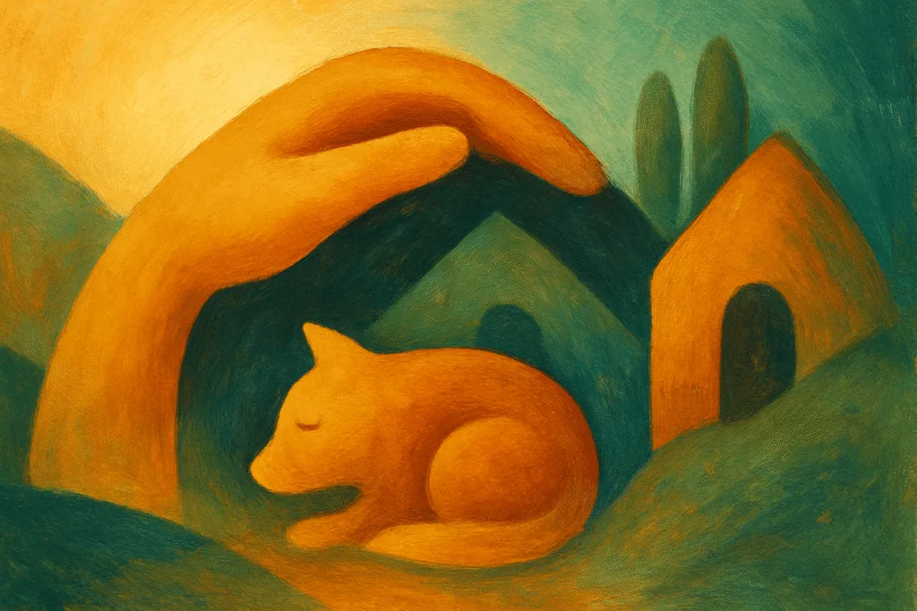 Animal welfare abstract illustration with warm golden light, flowing shapes and protective shelter motif
